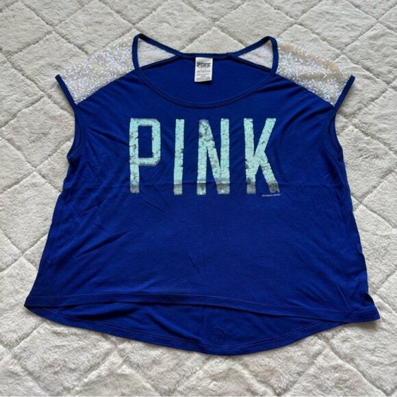 Victoria's Secret PINK | Sleeveless Blue Sequin Off Shoulder Shirt | Size Small - Picture 4 of 12